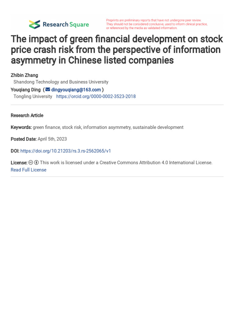 Green Finance and Stock Crash Risk in China | PDF | Stocks | Risk
