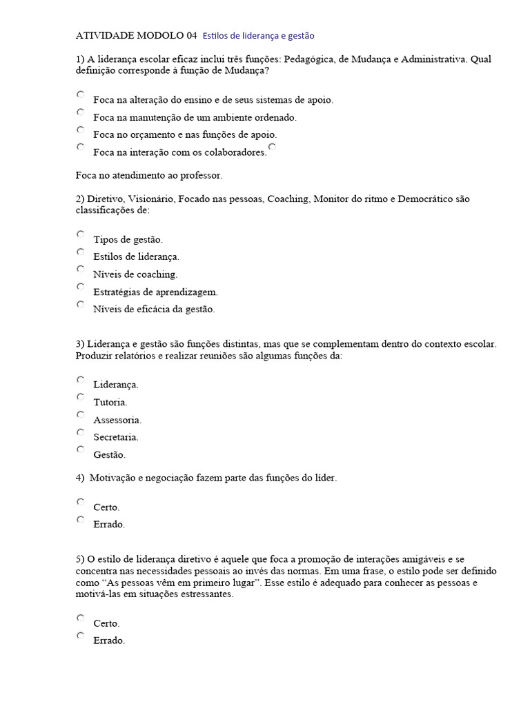 ATIVIDADE MODOLO 04 Estilos de Liderança e Gestão | PDF