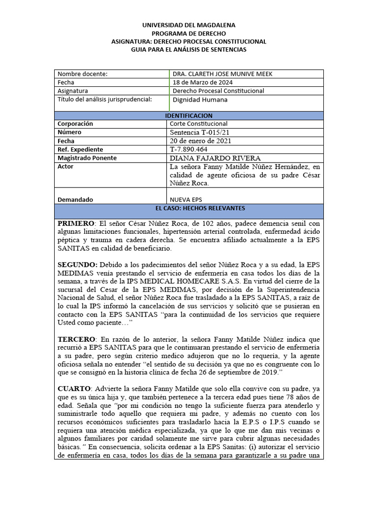 FORMATO DE ANALISIS DE SENTENCIA T 015 de 2021 | PDF | Enfermería