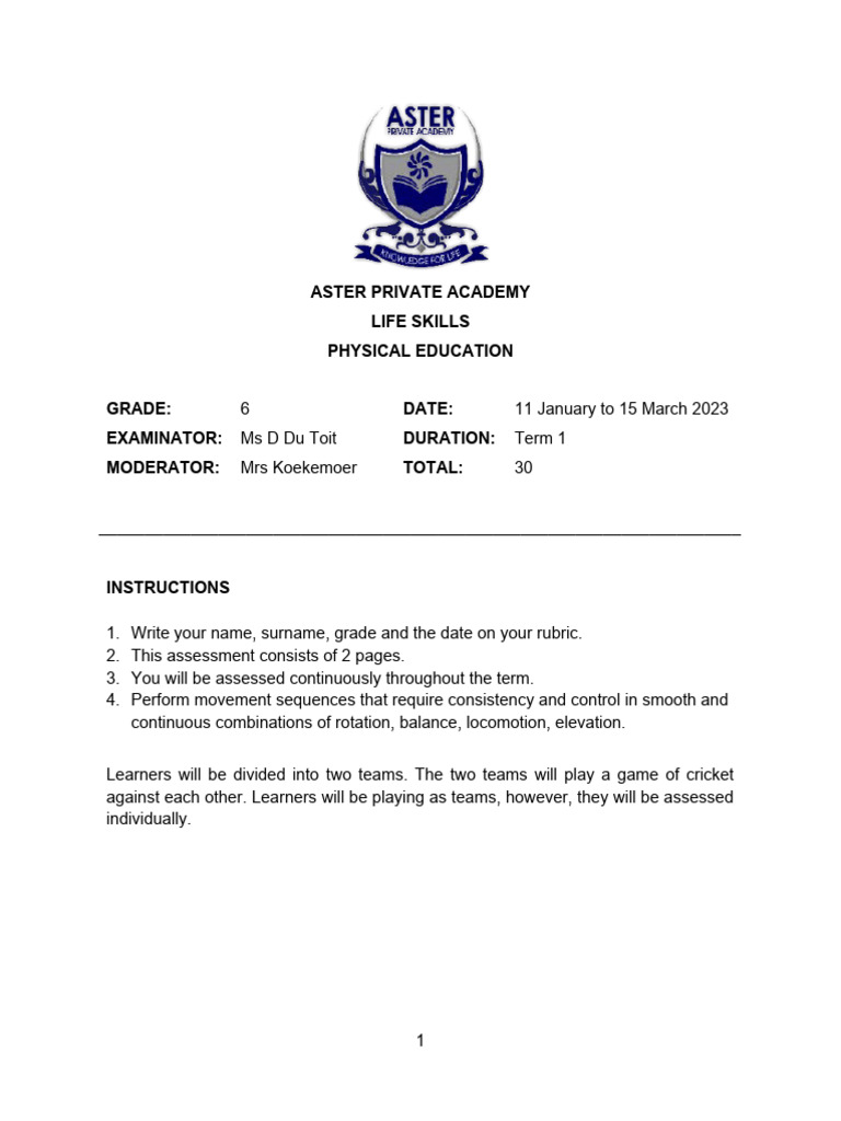 PE Assessment - Grade 6 | PDF