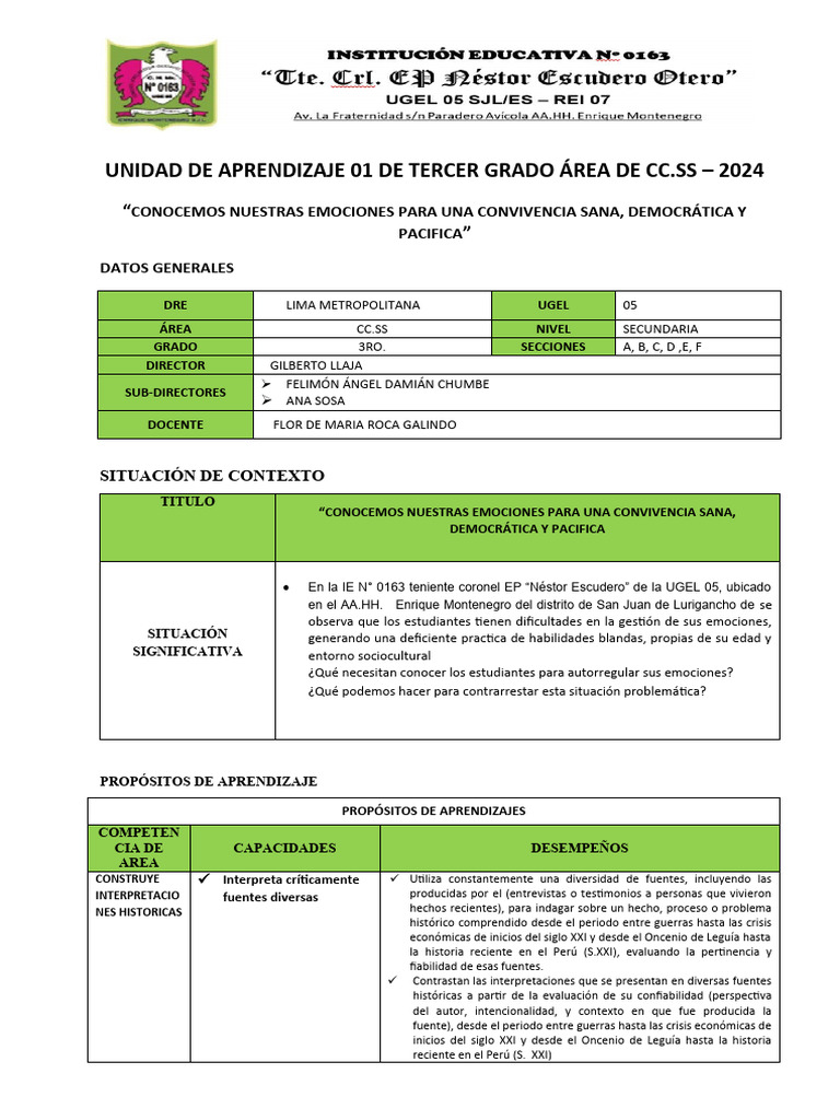 Unidad de Aprendizaje 01 de Tercer Grado Área de CC - SS | PDF ...