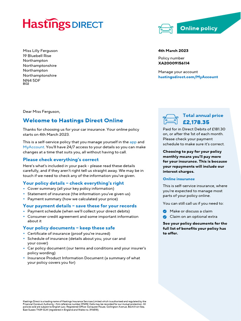 2,178.35 Welcome To Hastings Direct Online: Total Annual Price | PDF ...