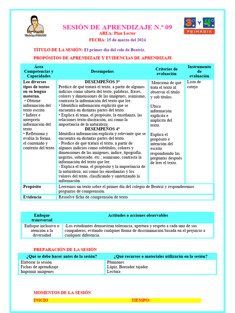 Sesion Plan Lector El Primer Día en El Cole Nuevo de Beatriz | PDF ...