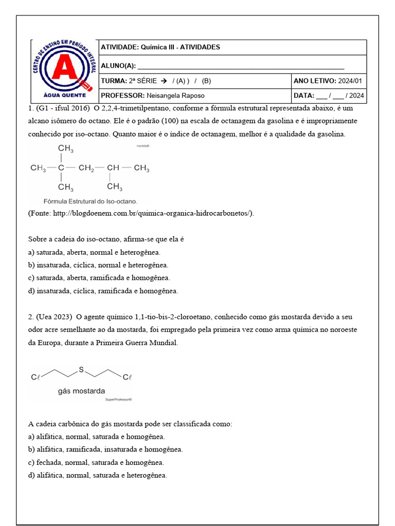 Atividades sobre Hidrocarbonetos e Gás Mostarda | PDF | Alcano ...
