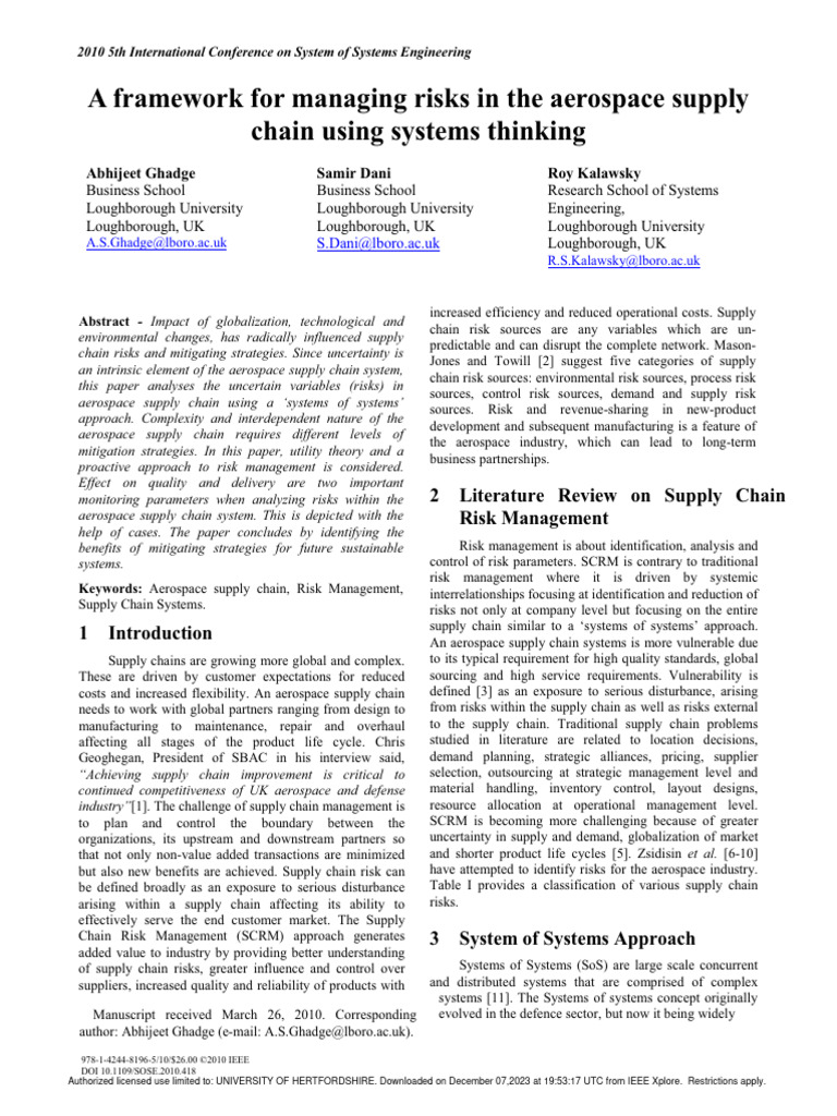 Aerospace Supply Chain Risk Framework | PDF | Supply Chain | Risk