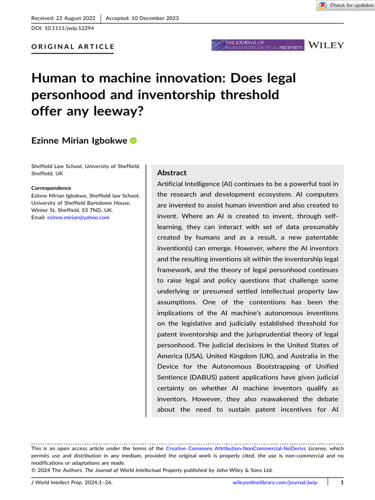 World Intellectual Property - 2024 - Igbokwe - Human To Machine ...