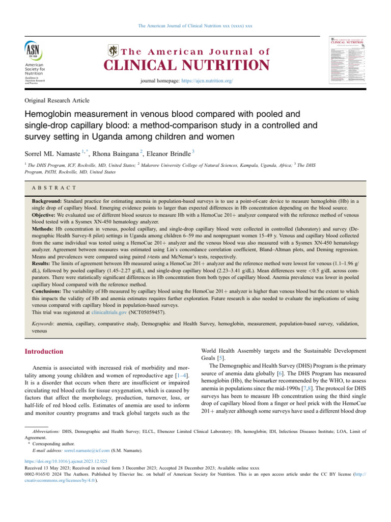 Hemoglobin Measurement in Venous Blood Compared With Pooled And.. Ragu ...