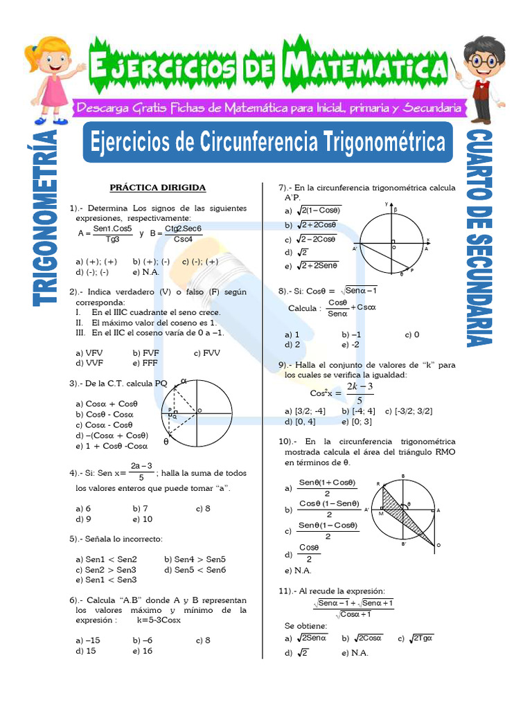 Ejercicios de Circunferencia Trigonométrica para Cuarto de Secundaria ...