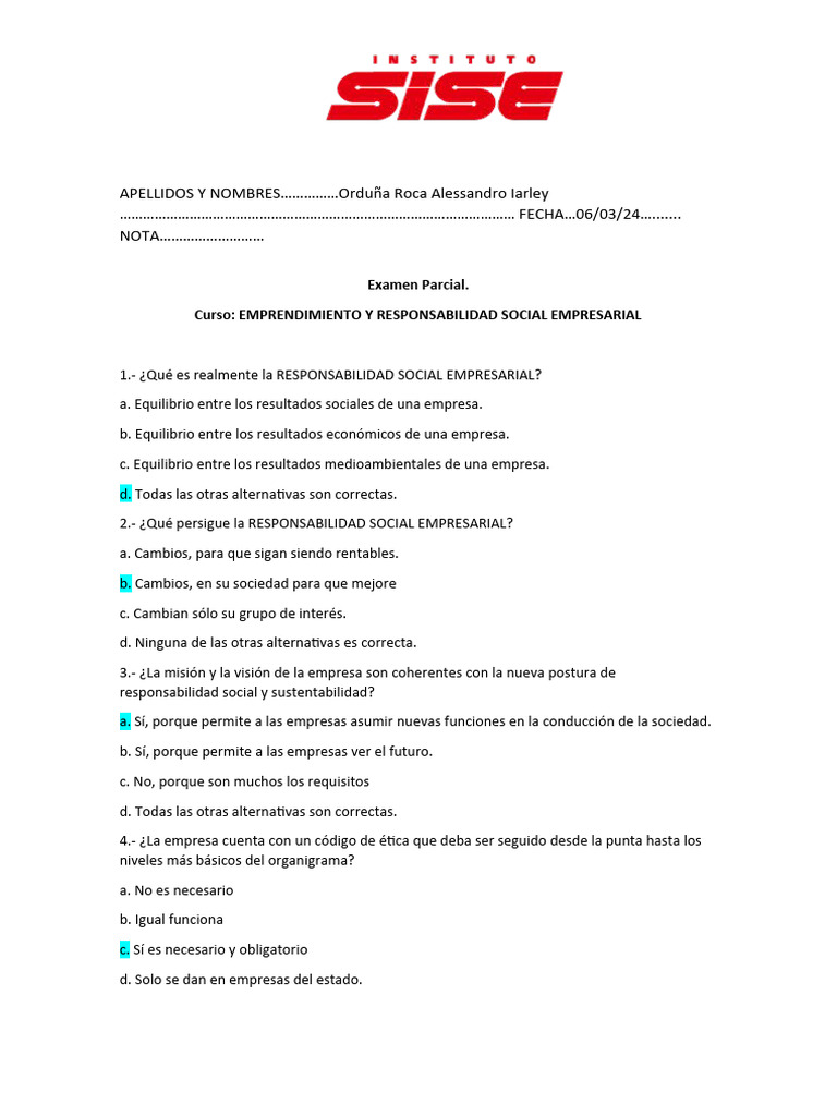 Examen sobre RSE y Ética Empresarial | PDF | Business | Responsabilidad ...