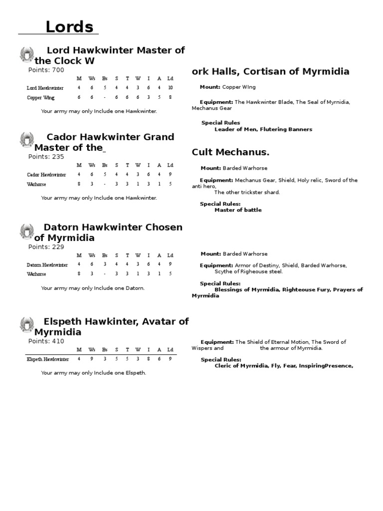 Hawkwinter Lords Overview and Stats | PDF