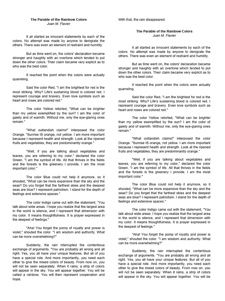 What Is The Plot Of The Story The Parable Of The Rainbow Colors