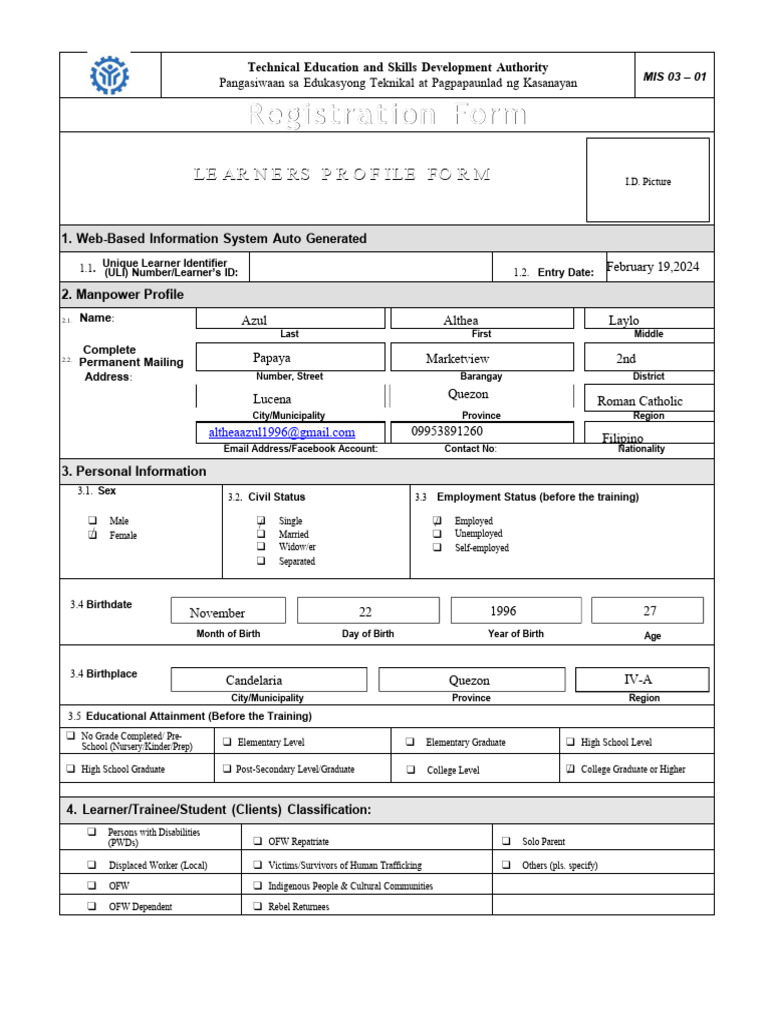 Technical Education Registration Form | PDF