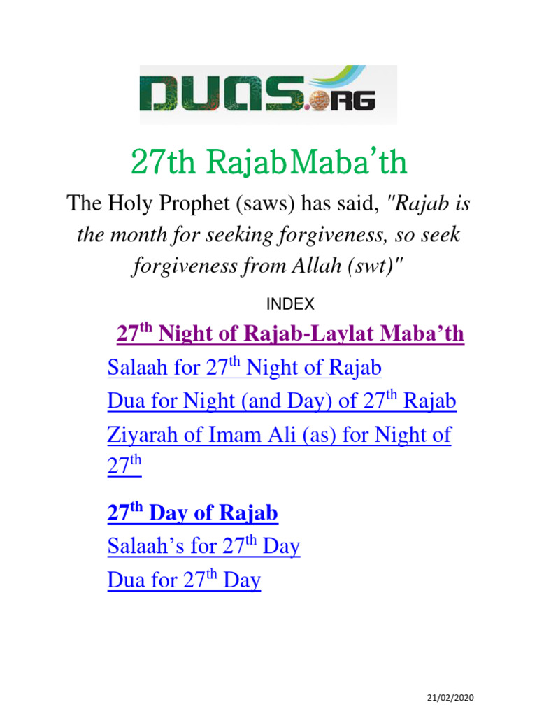 Rajab 27th: Prayers & Rituals Guide | PDF | Prophets And Messengers In ...