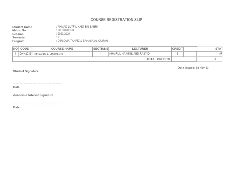 Course Registration Slip for Diploma Program | PDF