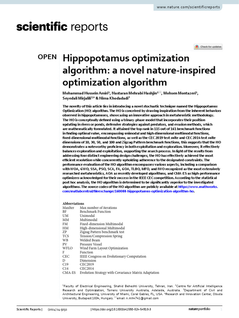 Hippopotamus Optimization Algorithm: A Novel Nature Inspired ...