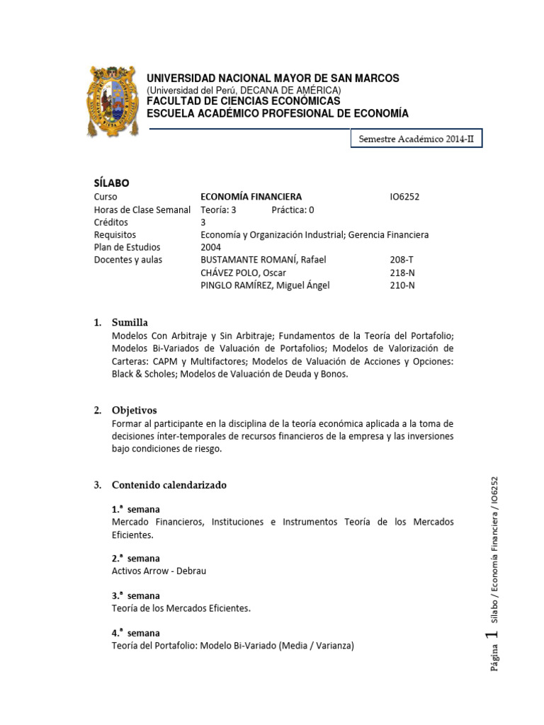 Sílabo de Economía Financiera UNMSM | PDF | Modelo de fijación de ...