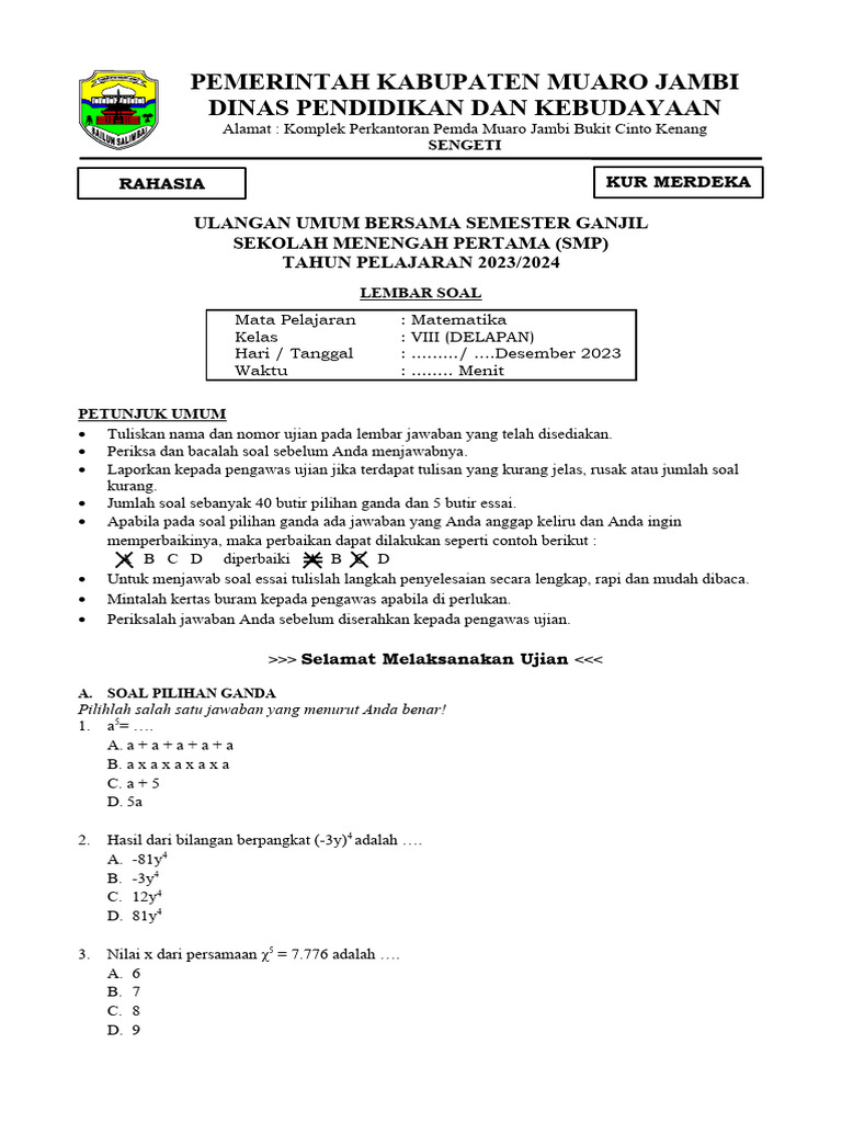 Soal Mtk Kelas 8 K Merdeka Ganjil Tp 2023 2024 Sn Pdf