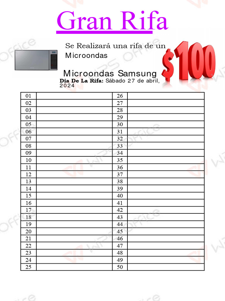 Rifa de Microondas: Números del 1 al 50 | PDF