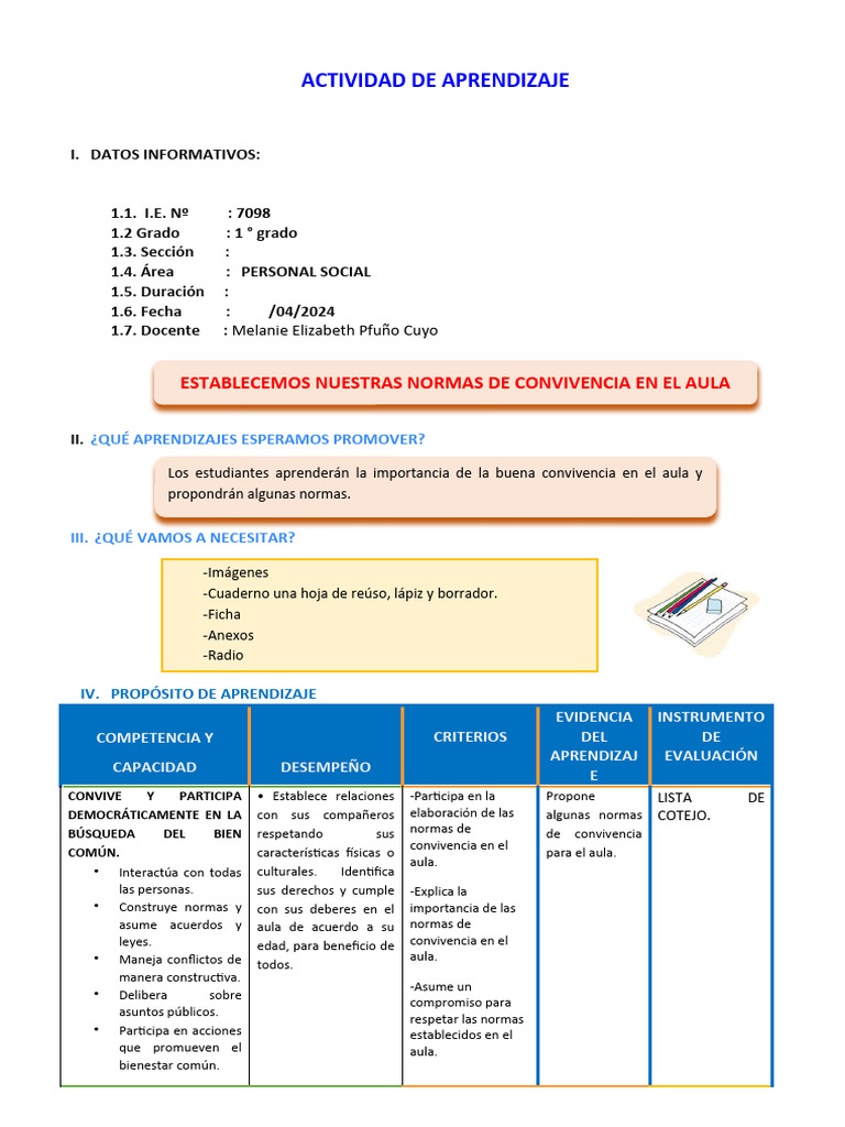 Normas de Convivencia en el Aula 1° Grado | PDF | Evaluación | Salón de ...