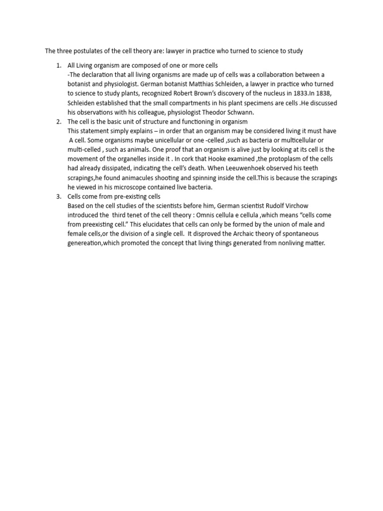 The Three Postulates of The Cell Theory | PDF