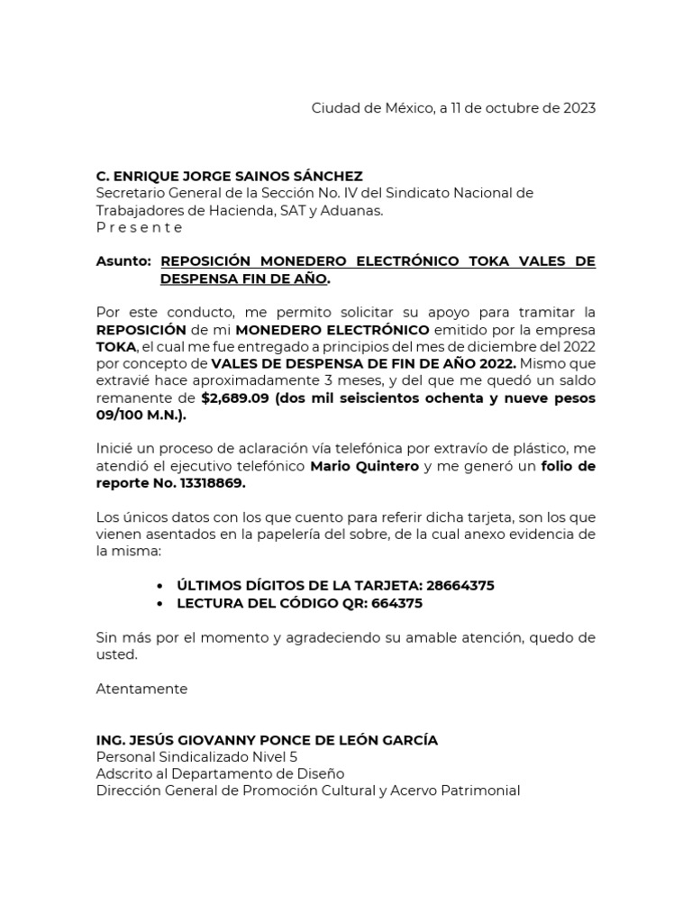 Escrito Reposicion Tarjeta Toka Pdf
