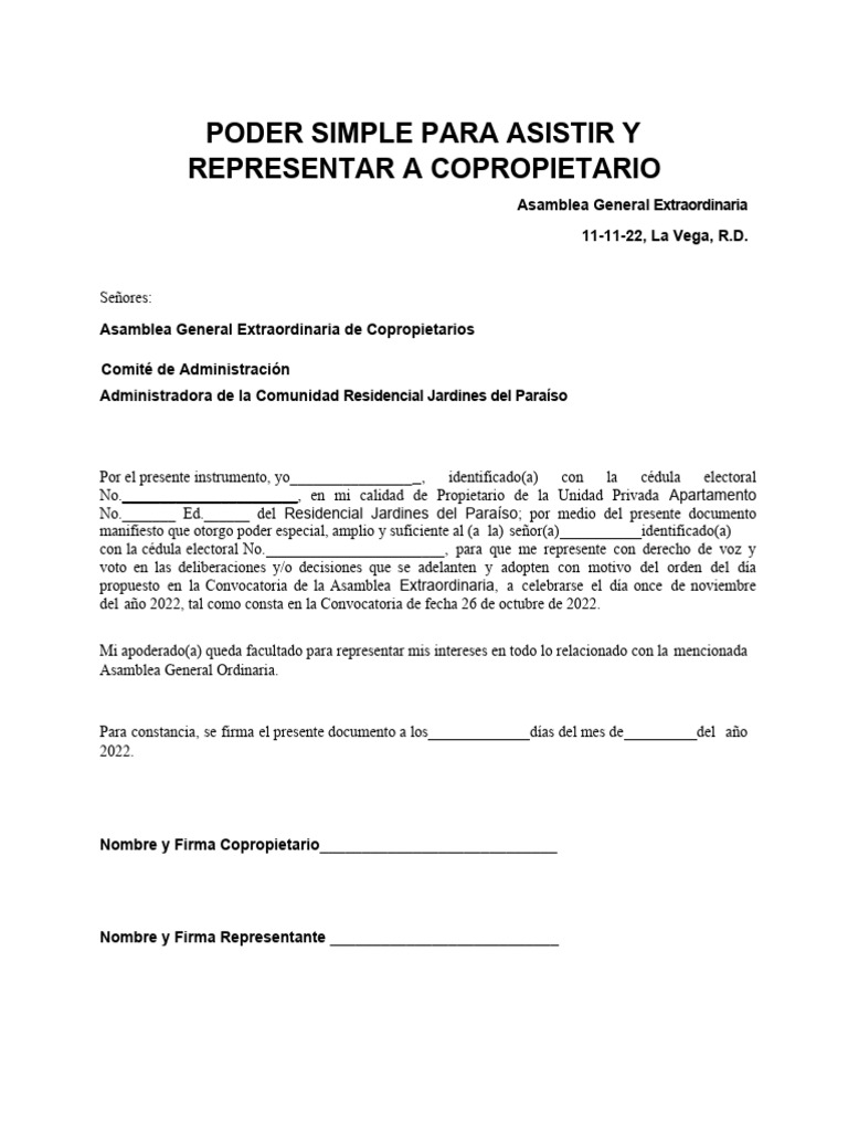 Poder Simple para Asamblea de Copropietarios | PDF