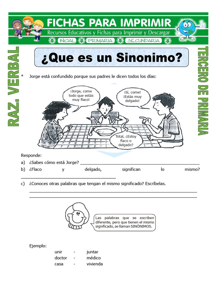 Ficha Que Es Un Sinonimo para Tercero de Primaria | PDF