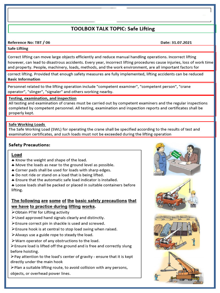 Safe Lifting Operations Toolbox Talk | PDF | Occupational Safety And ...