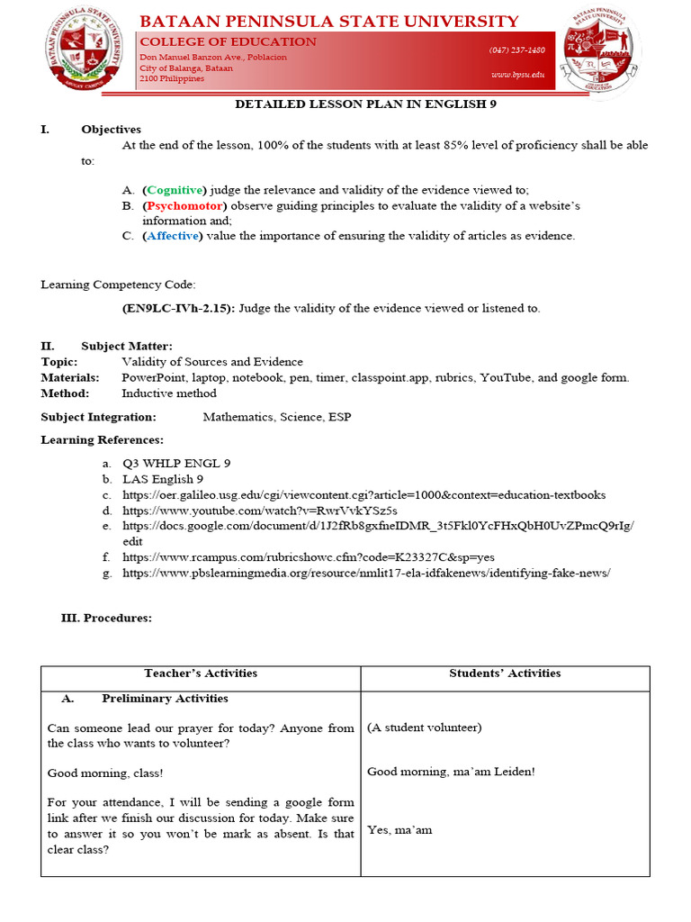 Toaz - Info Grade 9 Detailed Lesson Plan Quarter 3 Judge The Validity ...