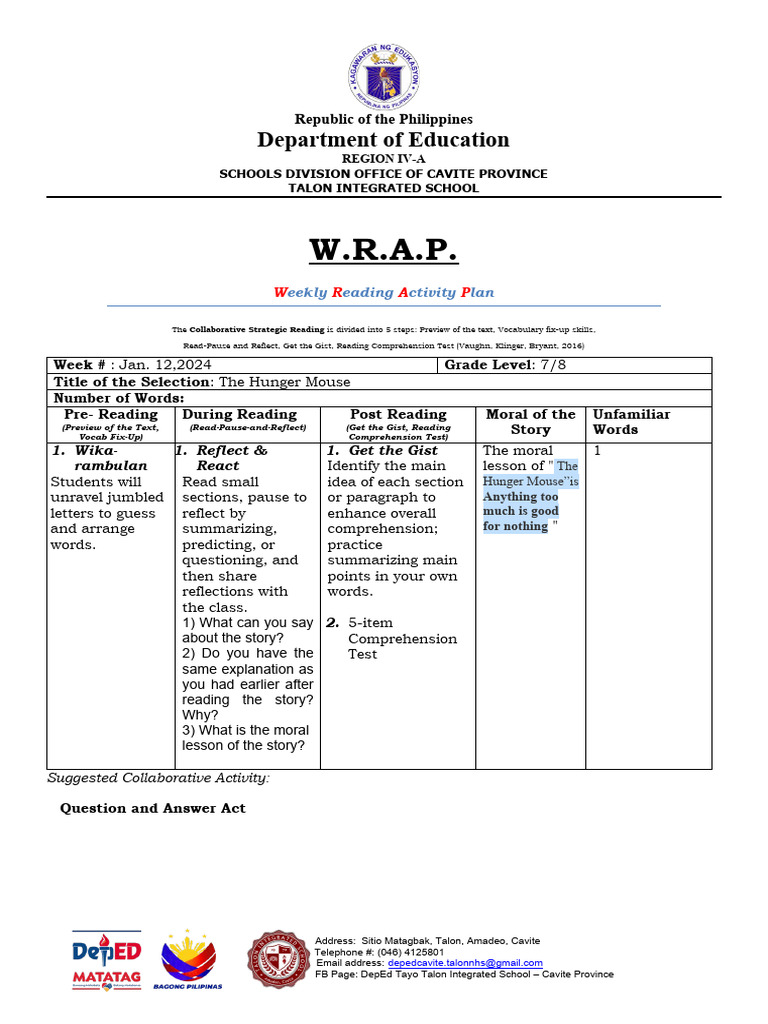 Weekly Reading Plan: The Hungry Mouse | PDF | Reading Comprehension ...