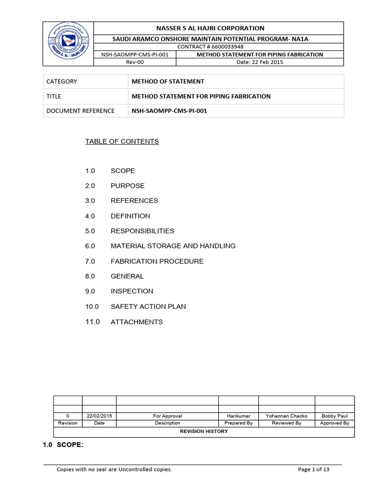 Piping Fabrication Method Statement | PDF | Pipe (Fluid Conveyance ...