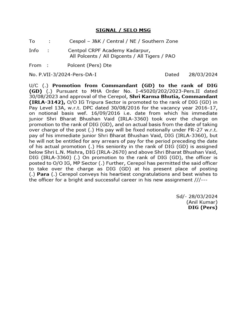 Promotion From Commandant To The Rank Of Dig Pdf