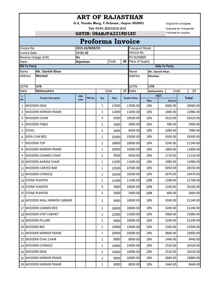 Proforma Invoice for Danish Furniture | PDF | Government Finances | Taxes