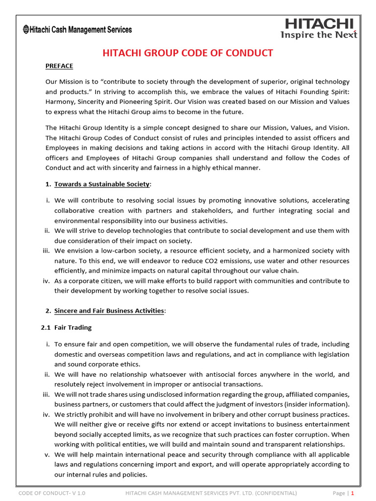 Hitachi Group Code of Conduct Final 221123 | PDF | Business Ethics ...