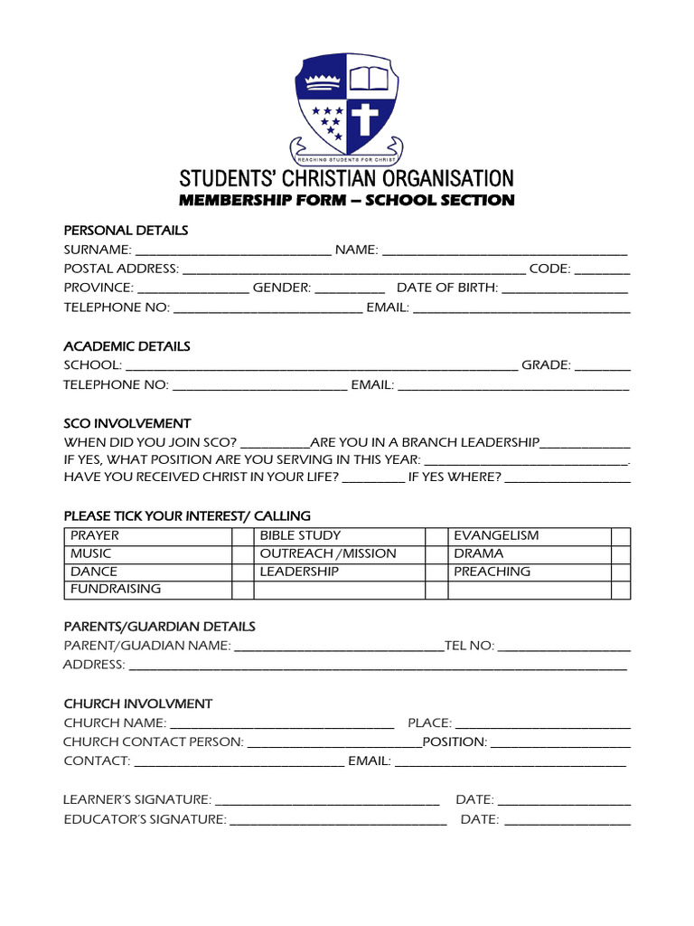 Students' Christian Org Membership Form | PDF | Career & Growth