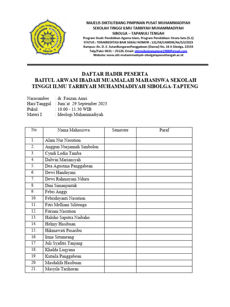 DAFTAR HADIR PESERTA (Materi) | PDF
