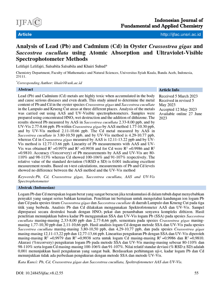Analysis of Lead (PB) and Cadmium (CD) in Oyster Crassostrea Gigas and ...