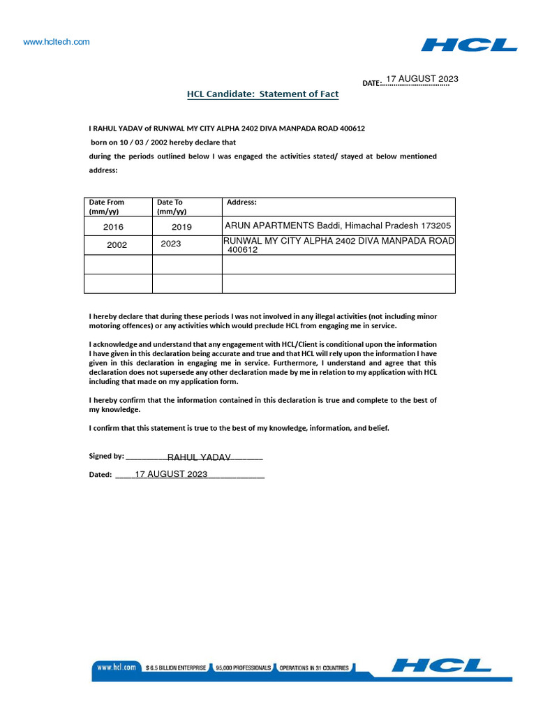 Address statement of fact hcl pdf