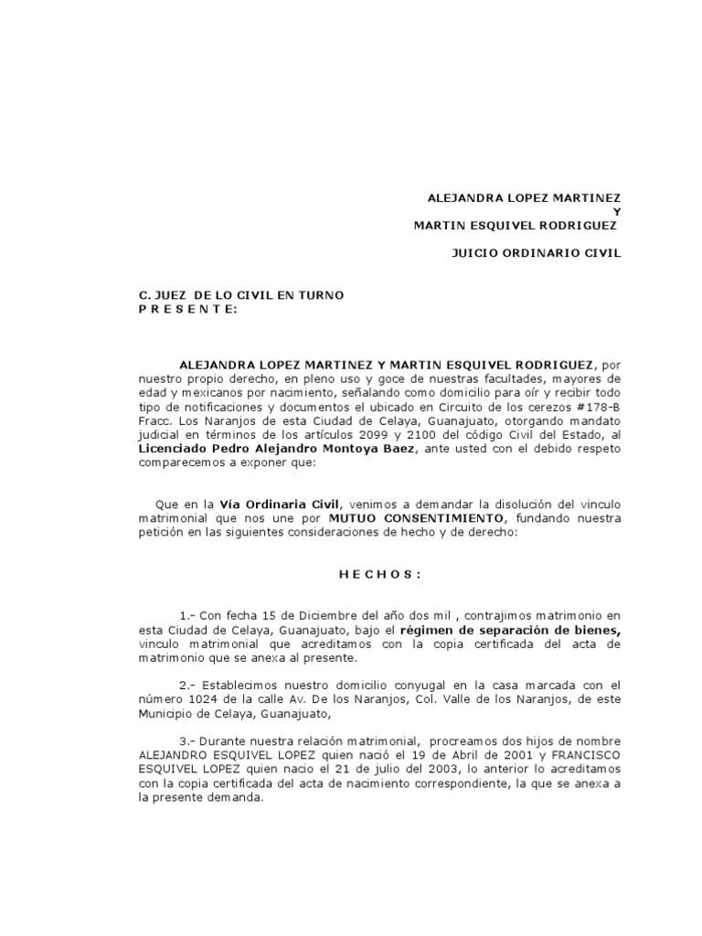 Demanda de Divorcio por Mutuo Consentimiento | PDF | Divorcio | Matrimonio