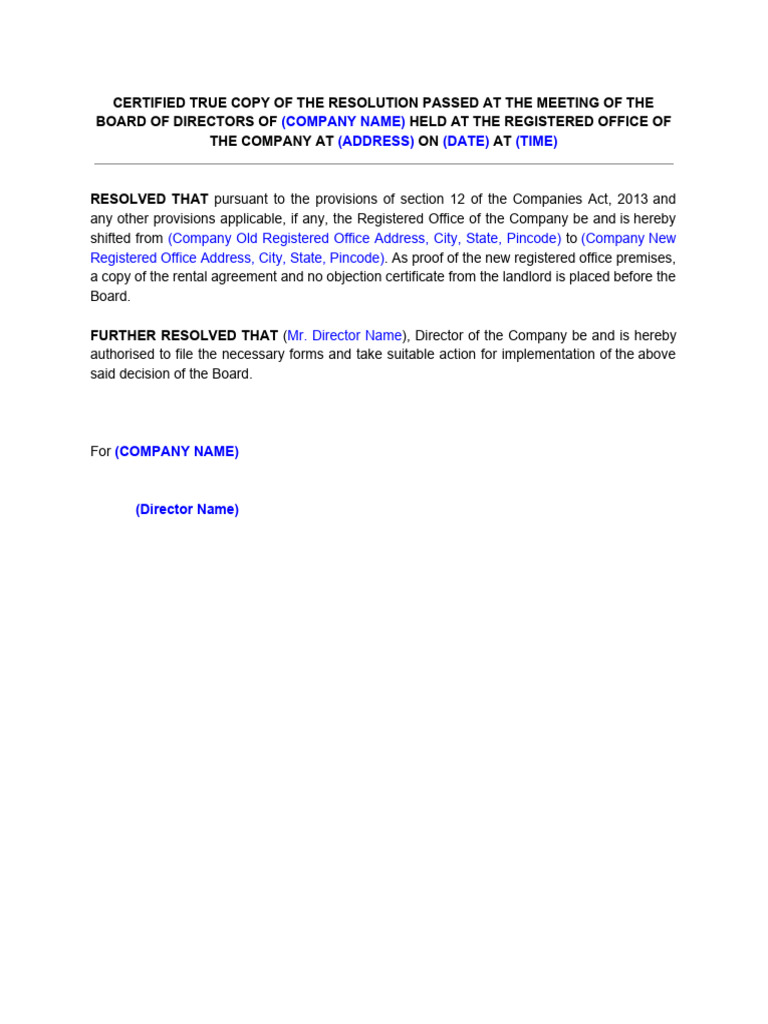Board Resolution for Office Relocation | PDF
