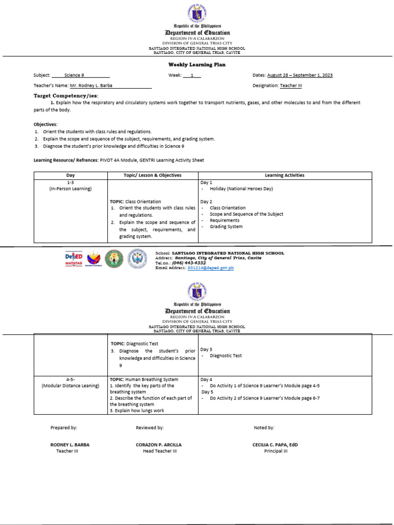 Week-1-Wlp-Science-9-August 28 - September 1 | PDF | Learning ...