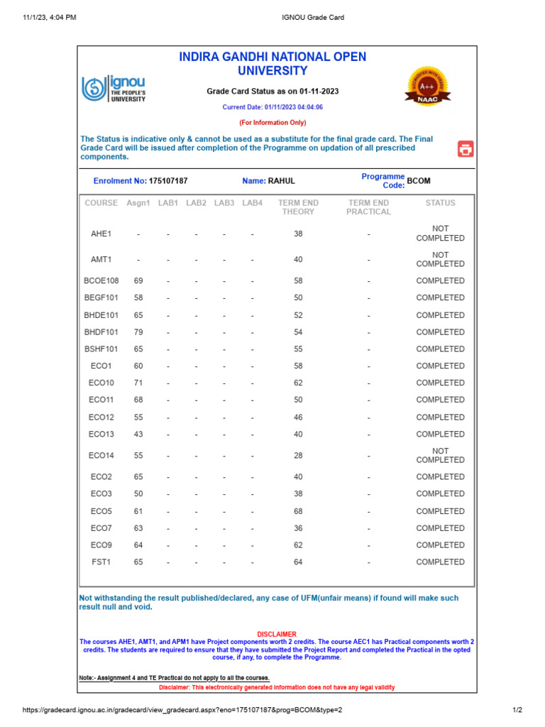 IGNOU Grade Card PDF