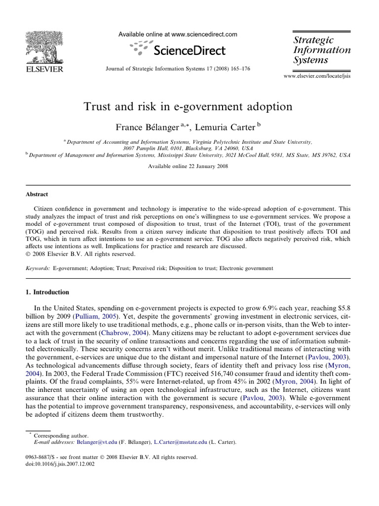 Trust and Risk in E-Government Adoption | PDF | Factor Analysis