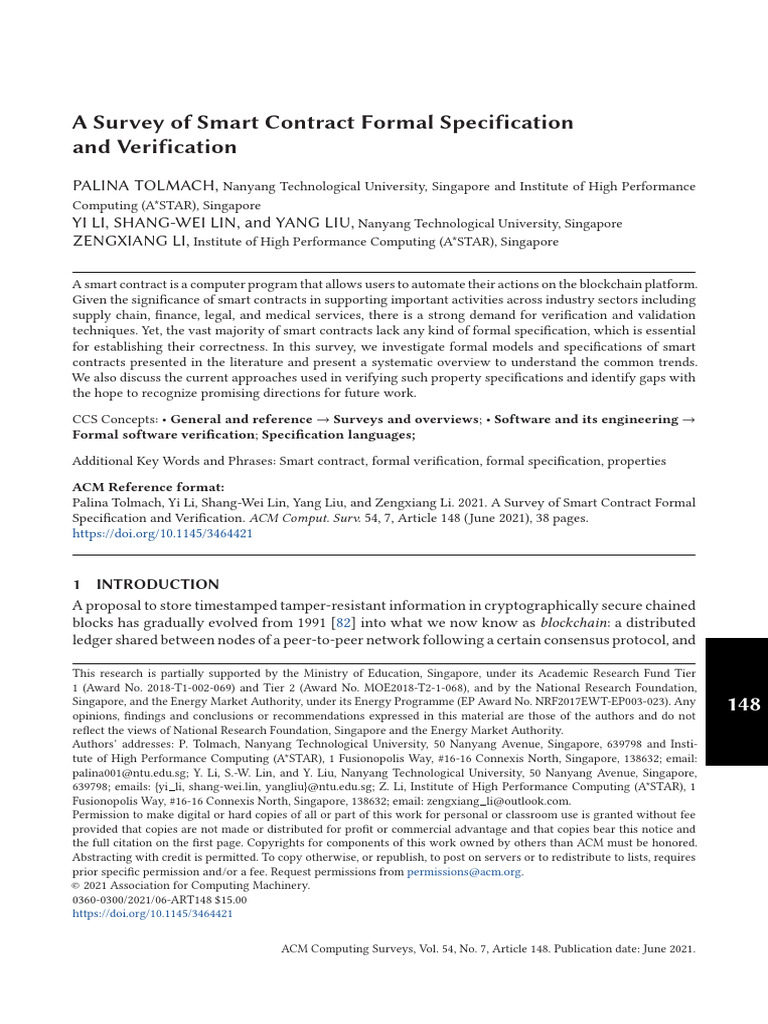 Survey of Smart Contracts Formal Specifications | PDF | Formal ...