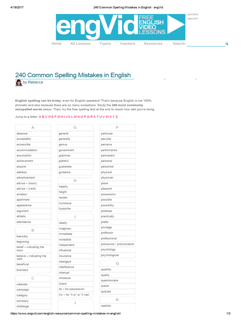 240 Common English Spelling Mistakes | PDF | Spelling | English Language