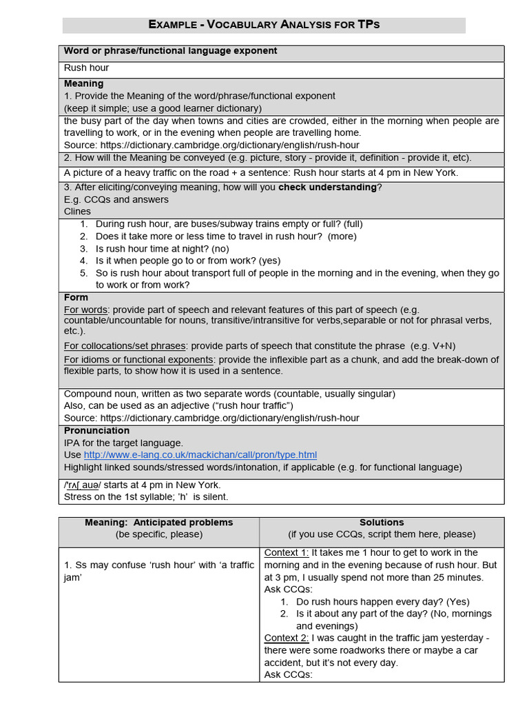 Celta La Vocabulary Completed Model Pdf Part Of Speech Phrase