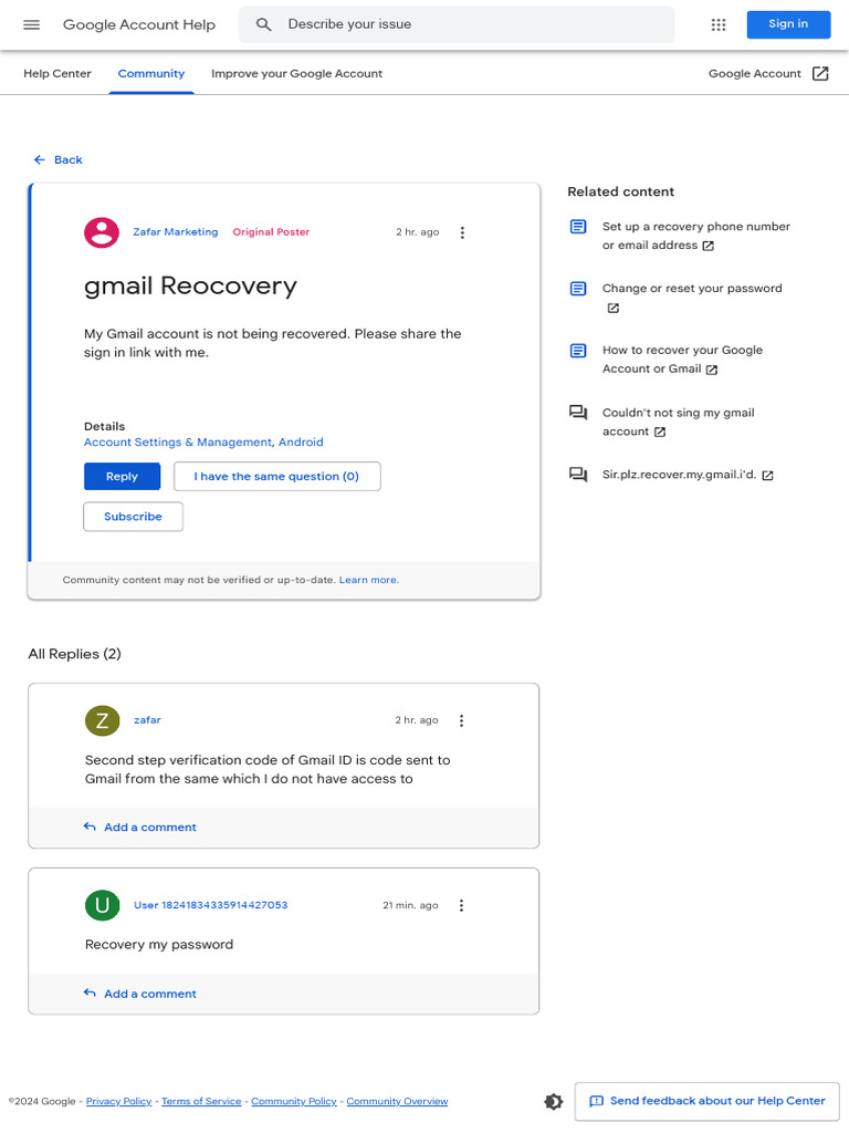 Gmail Reocovery - Google Account Community | PDF