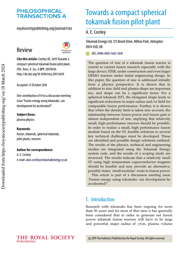 Costley 2019 Towards A Compact Spherical Tokamak Fusion Pilot Plant ...