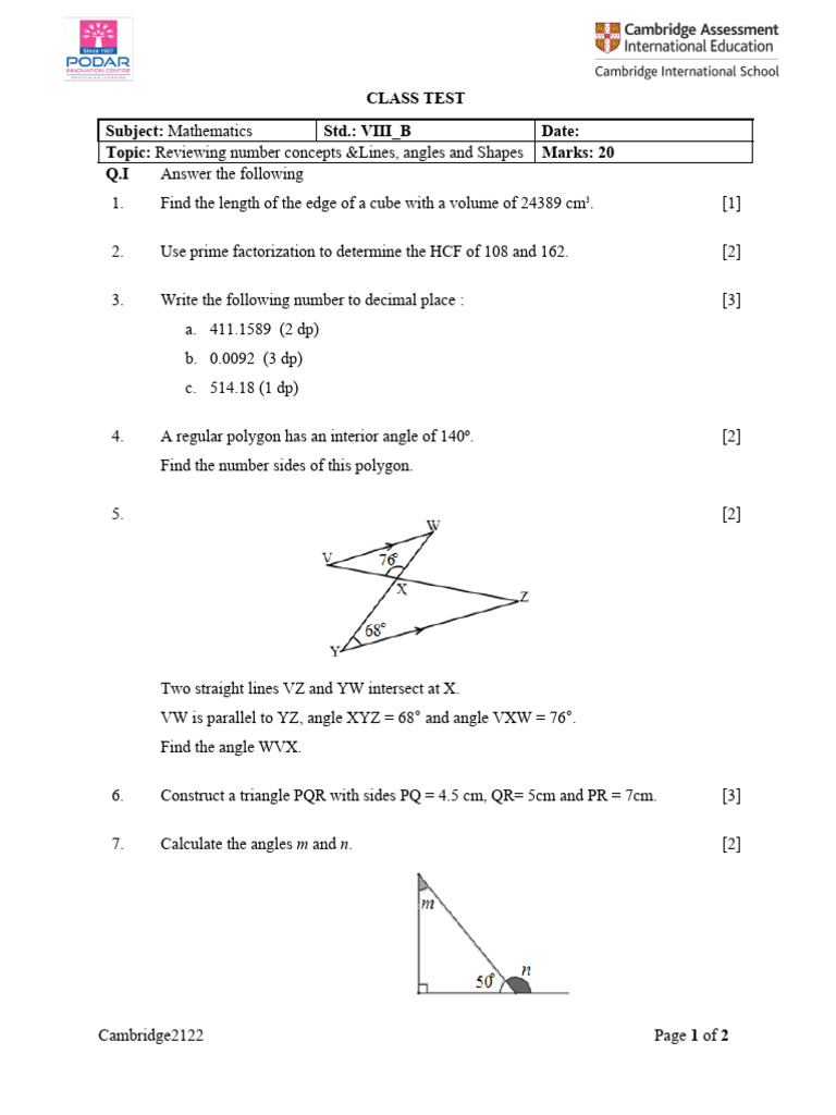 Class Test 1 | PDF | Teaching Methods & Materials | Science & Mathematics