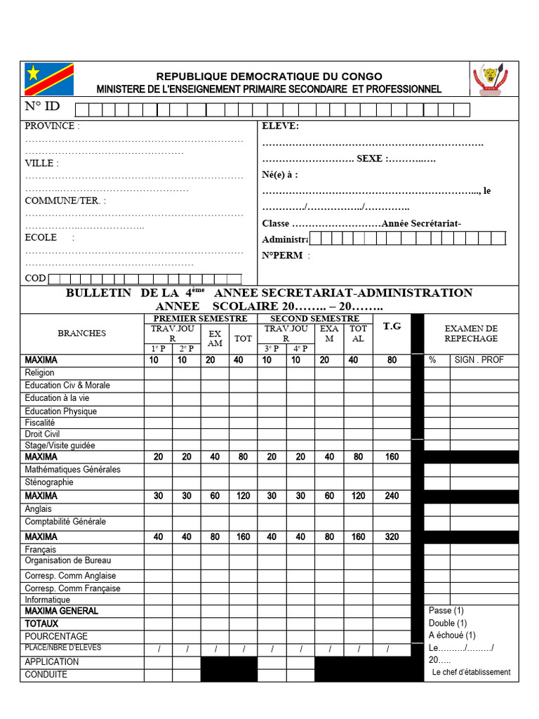 Bulletin Scolaire 4ème RDC 2023 | PDF